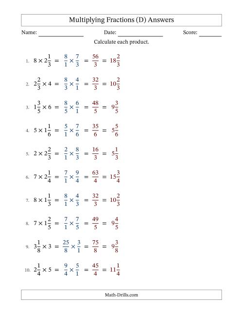 The Multiplying Mixed Fractions and Whole Numbers with No Simplification (Fillable) (D) Math Worksheet Page 2