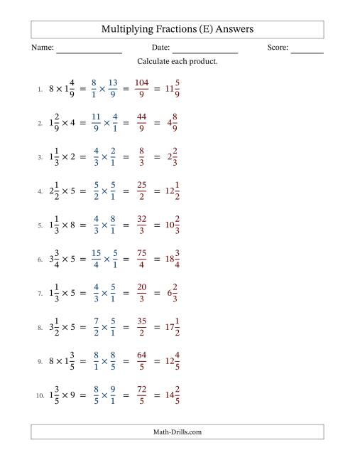 The Multiplying Mixed Fractions and Whole Numbers with No Simplification (Fillable) (E) Math Worksheet Page 2