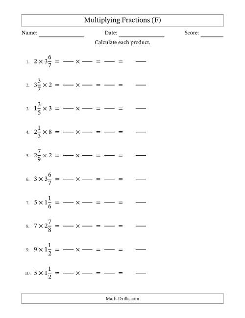 The Multiplying Mixed Fractions and Whole Numbers with No Simplification (Fillable) (F) Math Worksheet