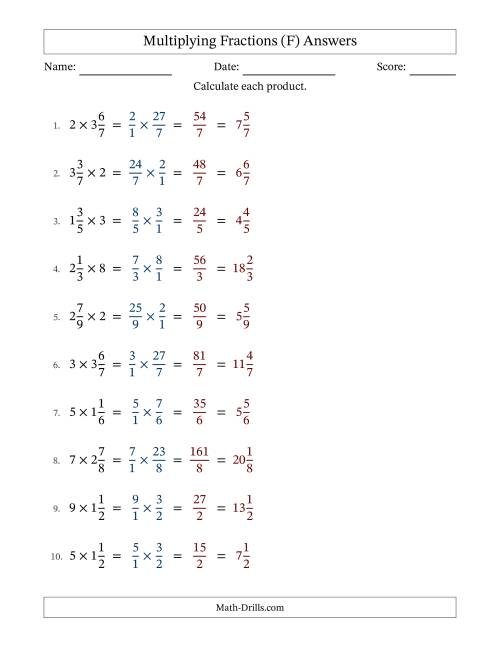 The Multiplying Mixed Fractions and Whole Numbers with No Simplification (Fillable) (F) Math Worksheet Page 2