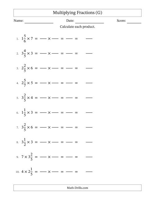 The Multiplying Mixed Fractions and Whole Numbers with No Simplification (Fillable) (G) Math Worksheet