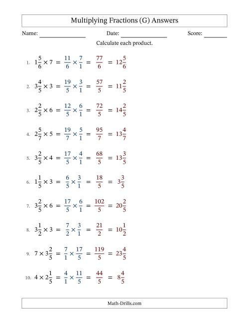 The Multiplying Mixed Fractions and Whole Numbers with No Simplification (Fillable) (G) Math Worksheet Page 2