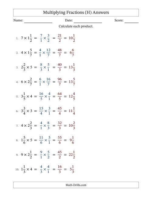 The Multiplying Mixed Fractions and Whole Numbers with No Simplification (Fillable) (H) Math Worksheet Page 2