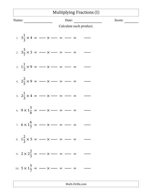 The Multiplying Mixed Fractions and Whole Numbers with No Simplification (Fillable) (I) Math Worksheet