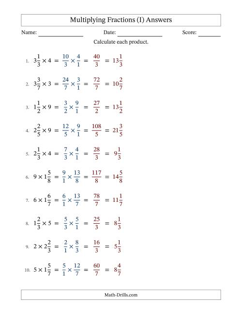 The Multiplying Mixed Fractions and Whole Numbers with No Simplification (Fillable) (I) Math Worksheet Page 2