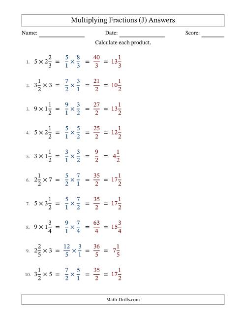 The Multiplying Mixed Fractions and Whole Numbers with No Simplification (Fillable) (J) Math Worksheet Page 2