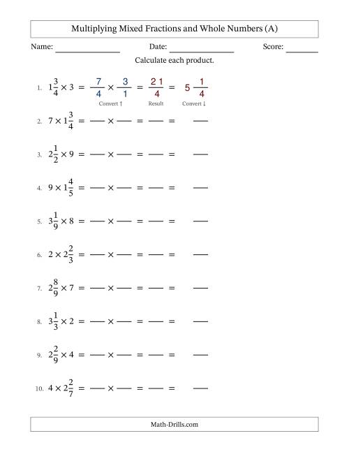 The Multiplying Mixed Fractions and Whole Numbers with No Simplifying (Fillable) (All) Math Worksheet