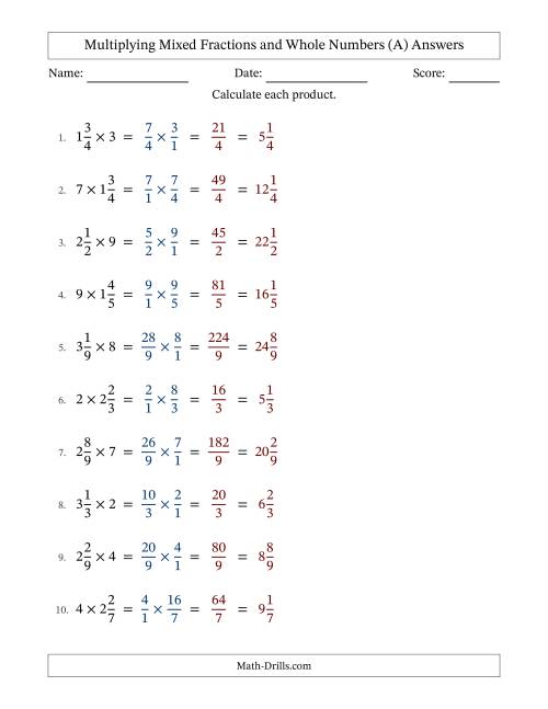 The Multiplying Mixed Fractions and Whole Numbers with No Simplifying (Fillable) (All) Math Worksheet Page 2