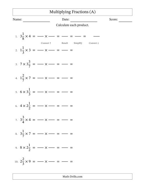 The Multiplying Mixed Fractions and Whole Numbers with All Simplifying (Fillable) (A) Math Worksheet