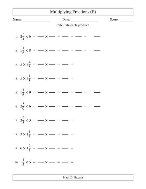 The Multiplying Mixed Fractions and Whole Numbers with All Simplification (Fillable) (B) Math Worksheet