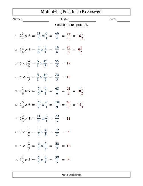 The Multiplying Mixed Fractions and Whole Numbers with All Simplification (Fillable) (B) Math Worksheet Page 2