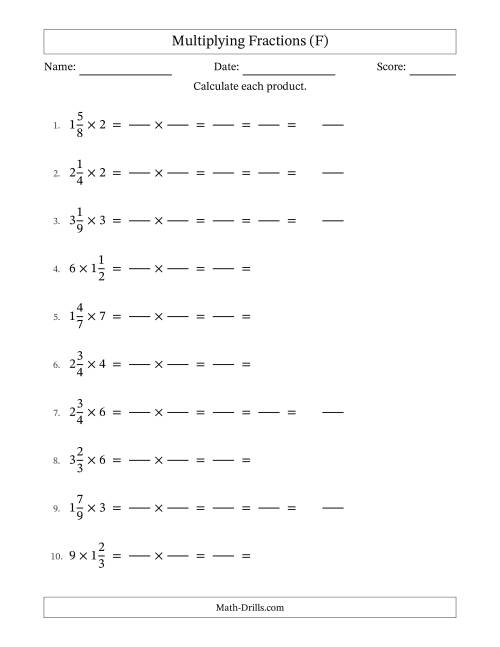 The Multiplying Mixed Fractions and Whole Numbers with All Simplification (Fillable) (F) Math Worksheet