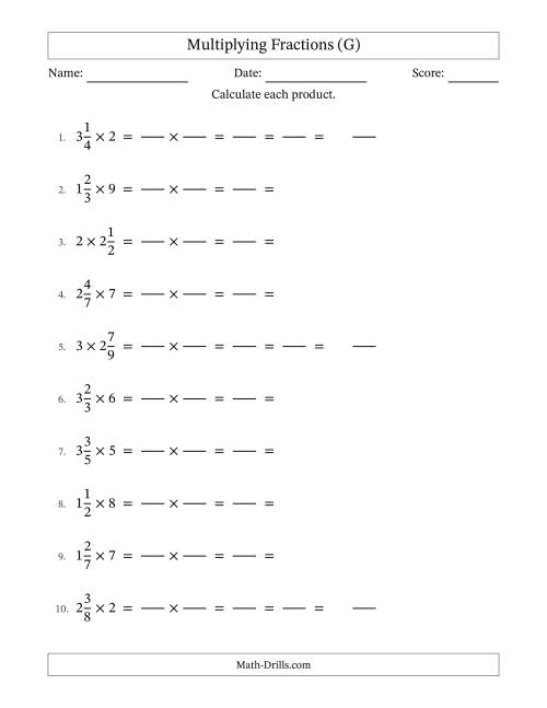 The Multiplying Mixed Fractions and Whole Numbers with All Simplification (Fillable) (G) Math Worksheet