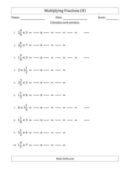 The Multiplying Mixed Fractions and Whole Numbers with All Simplification (Fillable) (H) Math Worksheet