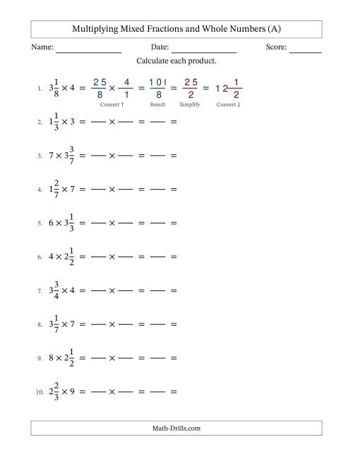 The Multiplying Mixed Fractions and Whole Numbers with All Simplifying (Fillable) (All) Math Worksheet