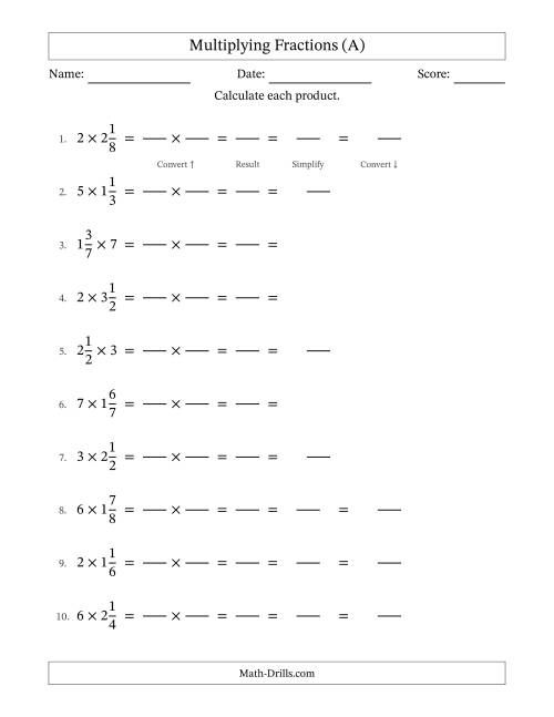 The Multiplying Mixed Fractions and Whole Numbers with Some Simplifying (Fillable) (A) Math Worksheet
