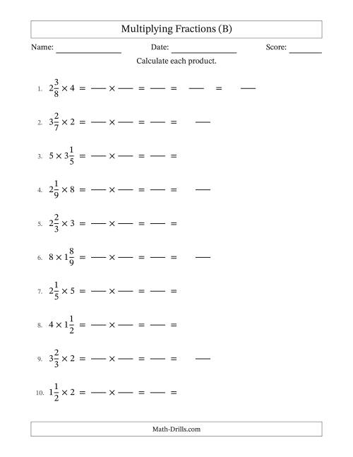 The Multiplying Mixed Fractions and Whole Numbers with Some Simplification (Fillable) (B) Math Worksheet