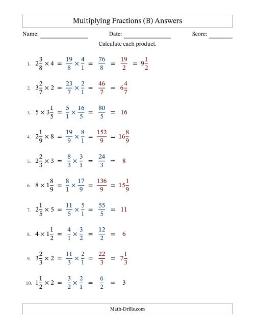 The Multiplying Mixed Fractions and Whole Numbers with Some Simplification (Fillable) (B) Math Worksheet Page 2