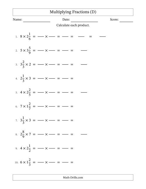The Multiplying Mixed Fractions and Whole Numbers with Some Simplification (Fillable) (D) Math Worksheet