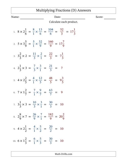 The Multiplying Mixed Fractions and Whole Numbers with Some Simplification (Fillable) (D) Math Worksheet Page 2