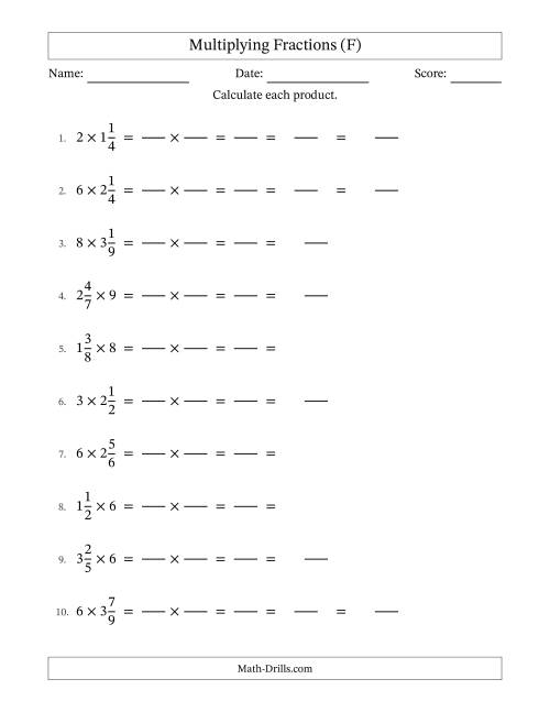 The Multiplying Mixed Fractions and Whole Numbers with Some Simplification (Fillable) (F) Math Worksheet