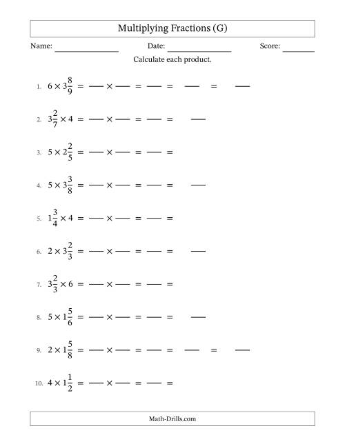 The Multiplying Mixed Fractions and Whole Numbers with Some Simplification (Fillable) (G) Math Worksheet