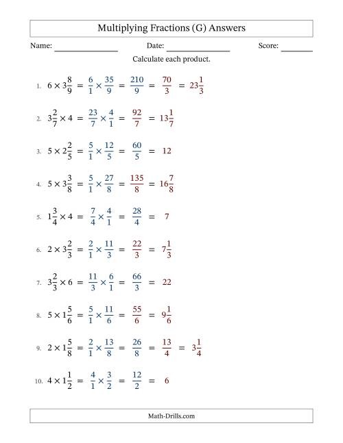 The Multiplying Mixed Fractions and Whole Numbers with Some Simplification (Fillable) (G) Math Worksheet Page 2