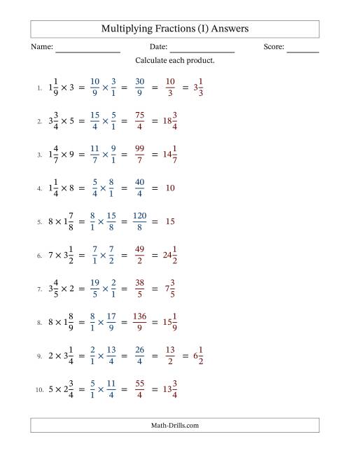 The Multiplying Mixed Fractions and Whole Numbers with Some Simplification (Fillable) (I) Math Worksheet Page 2