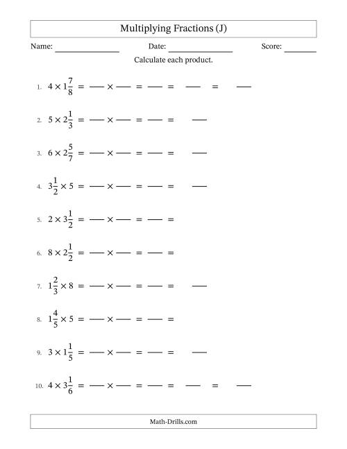 The Multiplying Mixed Fractions and Whole Numbers with Some Simplification (Fillable) (J) Math Worksheet