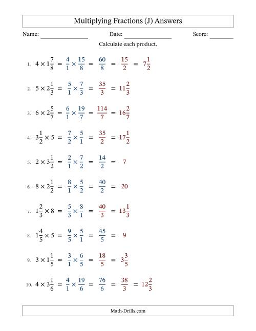 The Multiplying Mixed Fractions and Whole Numbers with Some Simplification (Fillable) (J) Math Worksheet Page 2