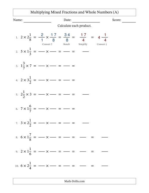 The Multiplying Mixed Fractions and Whole Numbers with Some Simplifying (Fillable) (All) Math Worksheet