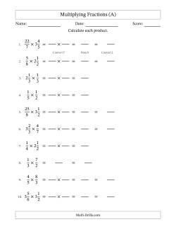 Multiplying Proper, Improper and Mixed Fractions with No Simplification (Fillable)