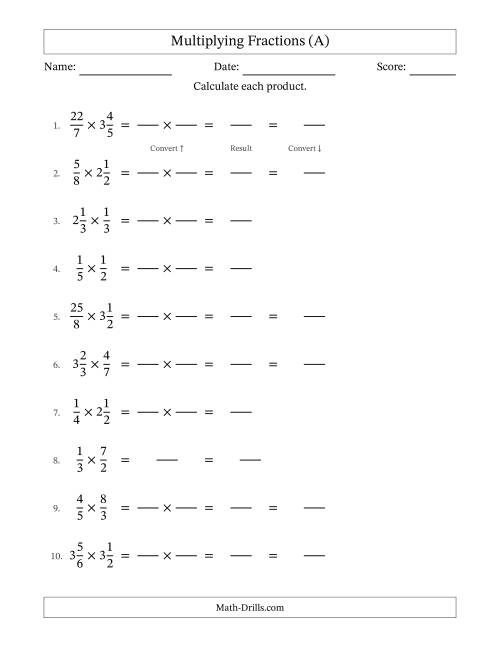 The Multiplying Proper, Improper and Mixed Fractions with No Simplification (Fillable) (A) Math Worksheet