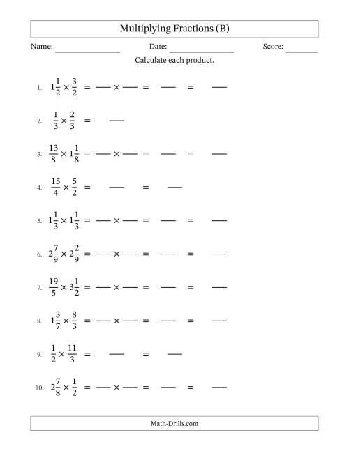 The Multiplying Proper, Improper and Mixed Fractions with No Simplification (Fillable) (B) Math Worksheet