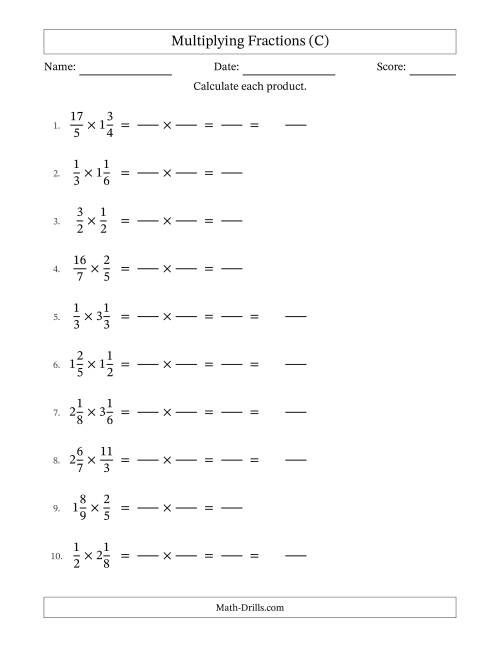 The Multiplying Proper, Improper and Mixed Fractions with No Simplification (Fillable) (C) Math Worksheet