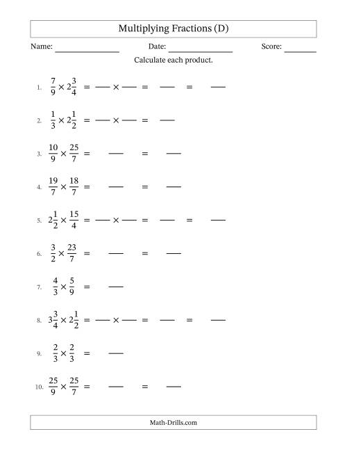 The Multiplying Proper, Improper and Mixed Fractions with No Simplification (Fillable) (D) Math Worksheet
