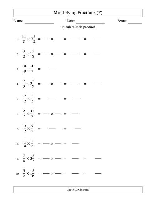 The Multiplying Proper, Improper and Mixed Fractions with No Simplification (Fillable) (F) Math Worksheet