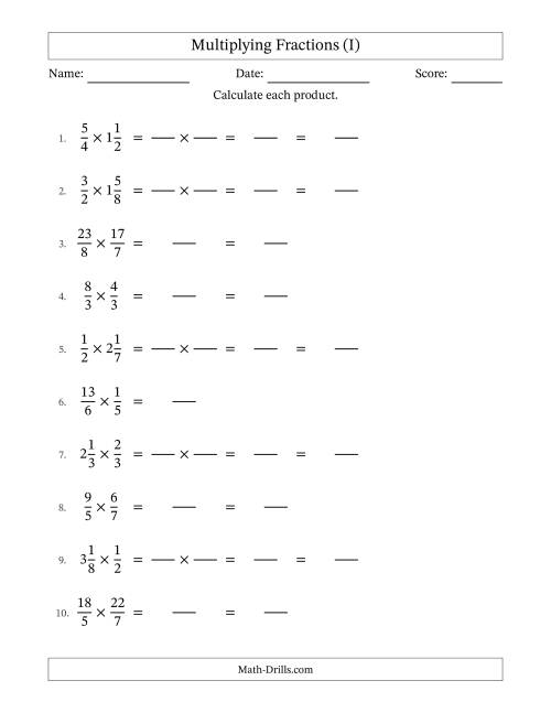 The Multiplying Proper, Improper and Mixed Fractions with No Simplification (Fillable) (I) Math Worksheet