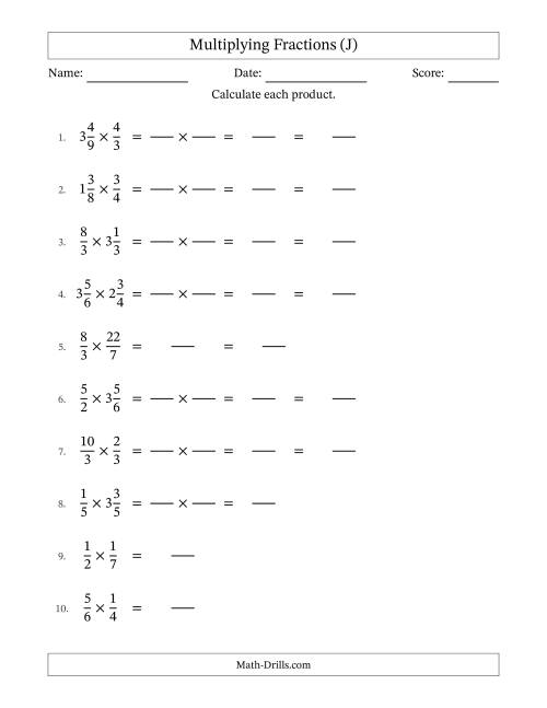 The Multiplying Proper, Improper and Mixed Fractions with No Simplification (Fillable) (J) Math Worksheet