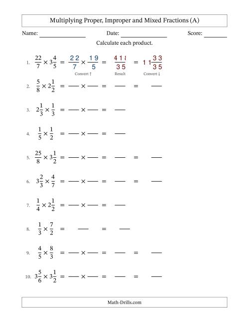 The Multiplying Proper, Improper and Mixed Fractions with No Simplifying (Fillable) (All) Math Worksheet