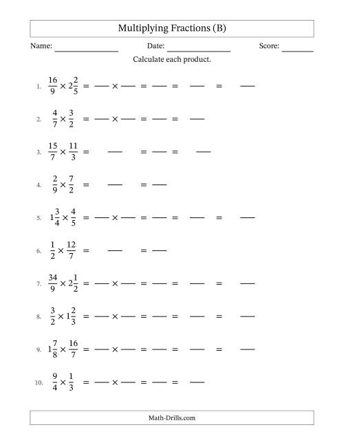 The Multiplying Proper, Improper and Mixed Fractions with All Simplification (Fillable) (B) Math Worksheet