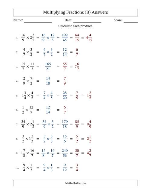 The Multiplying Proper, Improper and Mixed Fractions with All Simplification (Fillable) (B) Math Worksheet Page 2