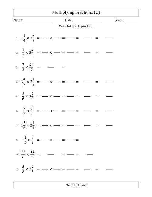 The Multiplying Proper, Improper and Mixed Fractions with All Simplification (Fillable) (C) Math Worksheet