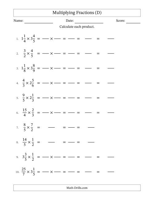 The Multiplying Proper, Improper and Mixed Fractions with All Simplification (Fillable) (D) Math Worksheet