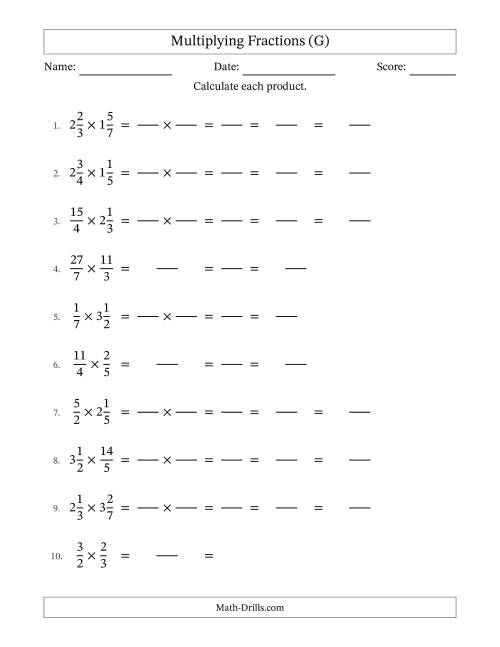 The Multiplying Proper, Improper and Mixed Fractions with All Simplification (Fillable) (G) Math Worksheet