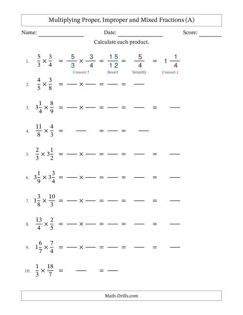 The Multiplying Proper, Improper and Mixed Fractions with All Simplifying (Fillable) (All) Math Worksheet