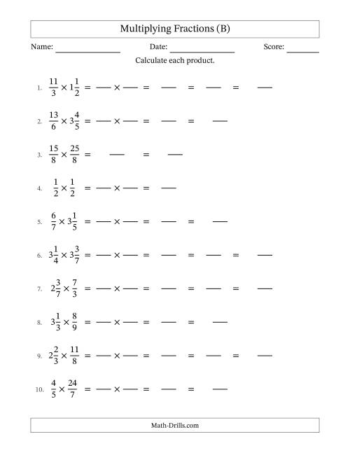 The Multiplying Proper, Improper and Mixed Fractions with Some Simplification (Fillable) (B) Math Worksheet