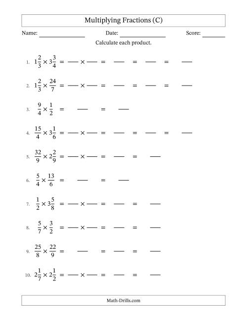 The Multiplying Proper, Improper and Mixed Fractions with Some Simplification (Fillable) (C) Math Worksheet
