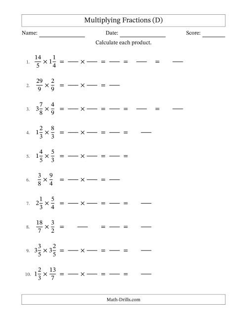 The Multiplying Proper, Improper and Mixed Fractions with Some Simplification (Fillable) (D) Math Worksheet