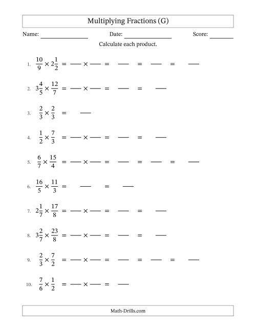 The Multiplying Proper, Improper and Mixed Fractions with Some Simplification (Fillable) (G) Math Worksheet